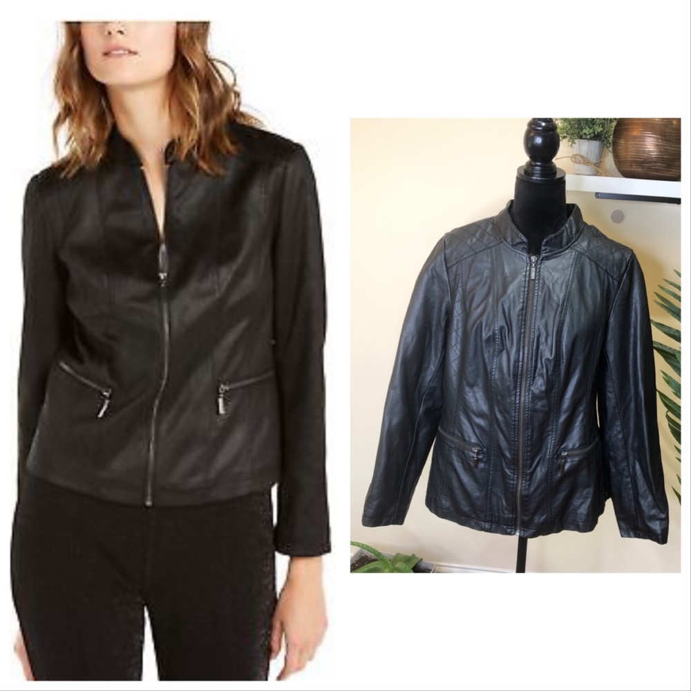 Alfani Black Faux Leather Jacket w/ Triangle Stitch Design 0X/ 10-12